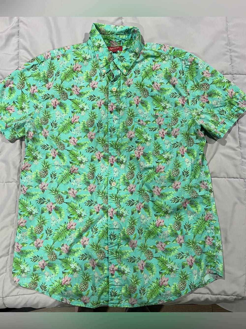 Arizona Jean Company Mint Green Tropical Pineapple Print Button-Down Shirt